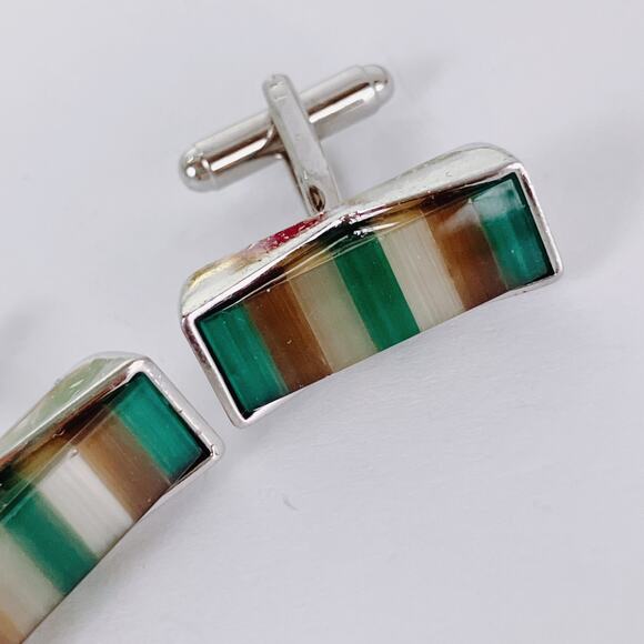 Vintage 1970s Striped Glass Inlay Modernist Geometric Cufflinks Mens Mod Jewelry - Picture 7 of 12